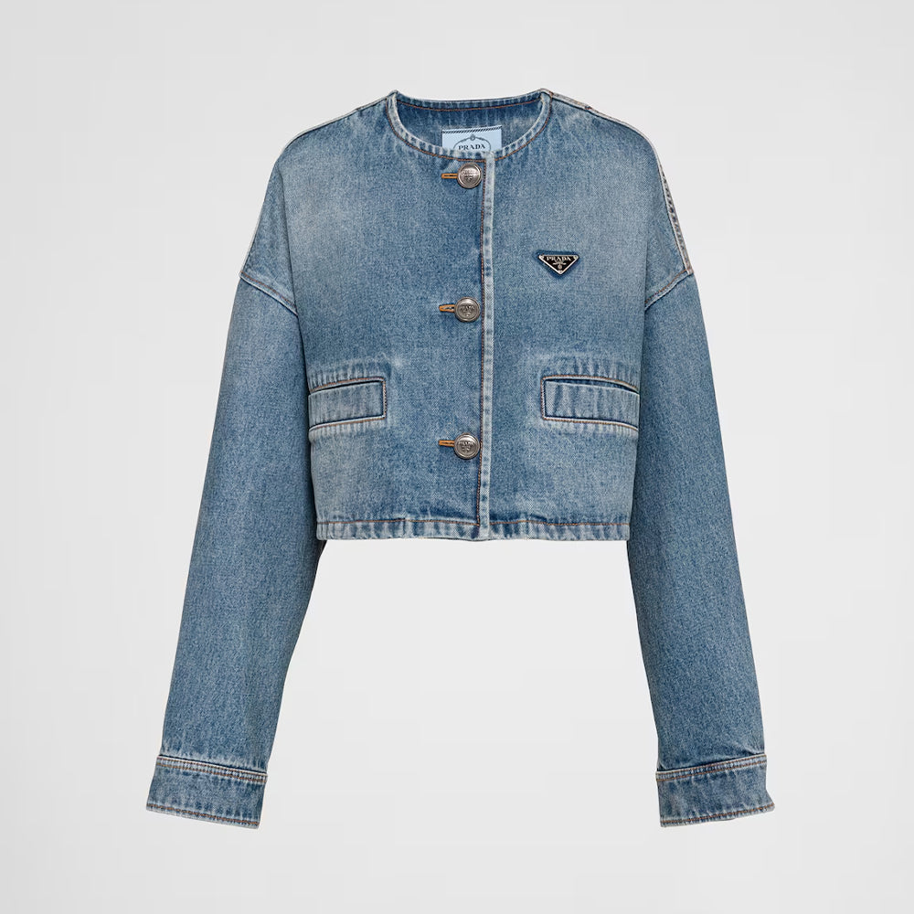 Prada Women's Spring/Summer/Fall Triangle Logo Waistband Denim Solid Color Single-Breasted Short Cotton Denim Blouson Jacket #81583