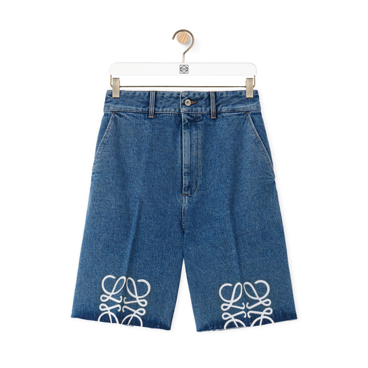 Loewe Women's Summer Blue Logo Label Straight Button Down Denim Shorts #76583