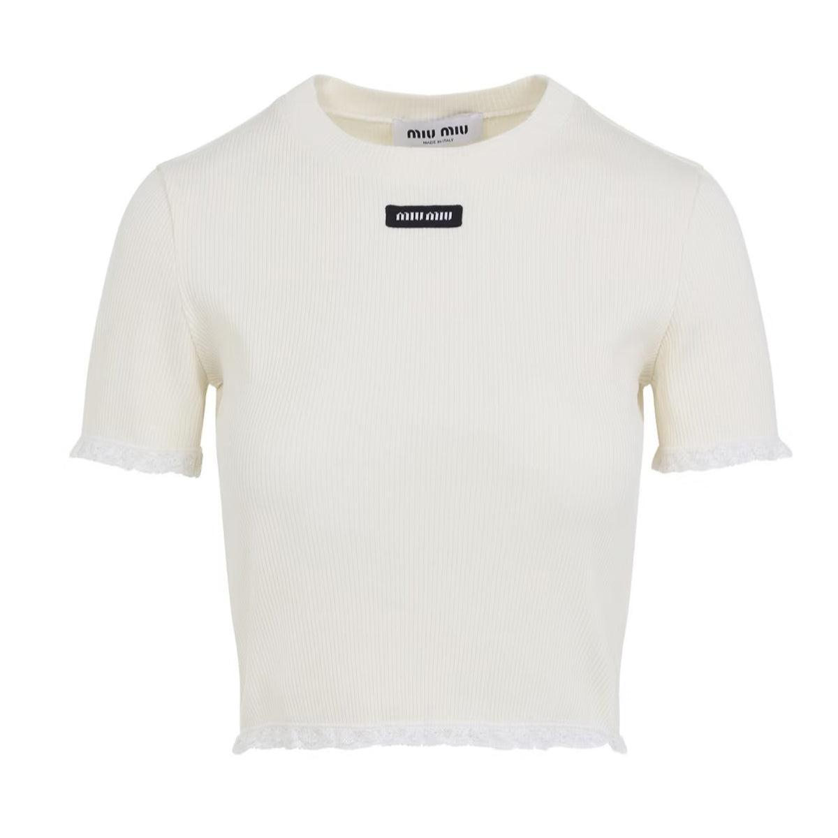 MiuMiu Lace White Knitted T-shirt Women's Spring And Summer Fashionable And Elegant Slim Patch Logo Round Neck Short-sleeved T-shirt Tops #81439