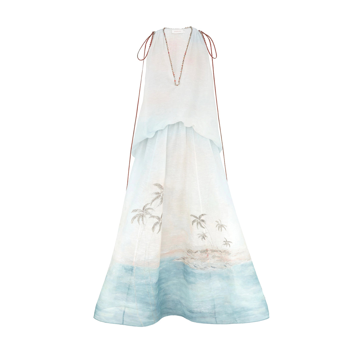 Zimmermann Women's Summer Solid Color Seascape Pattern Printed V-neck Sleeveless Long Dress #77342