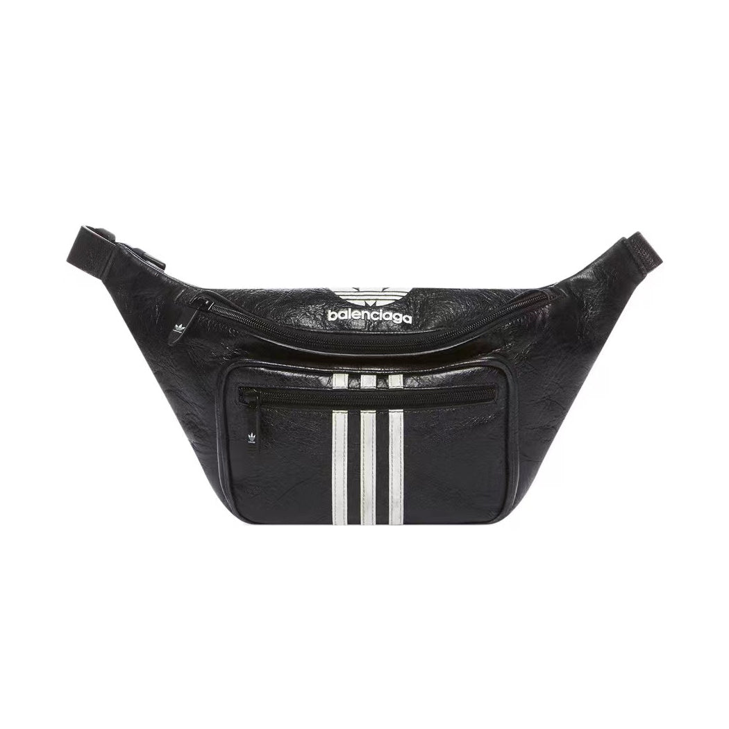 Balenciaga X Adidas Men's Black and White Stripe Zipper Closure Logo Printed Sheep Leather Shoulder Crossbody Waist Bag Bags #73471