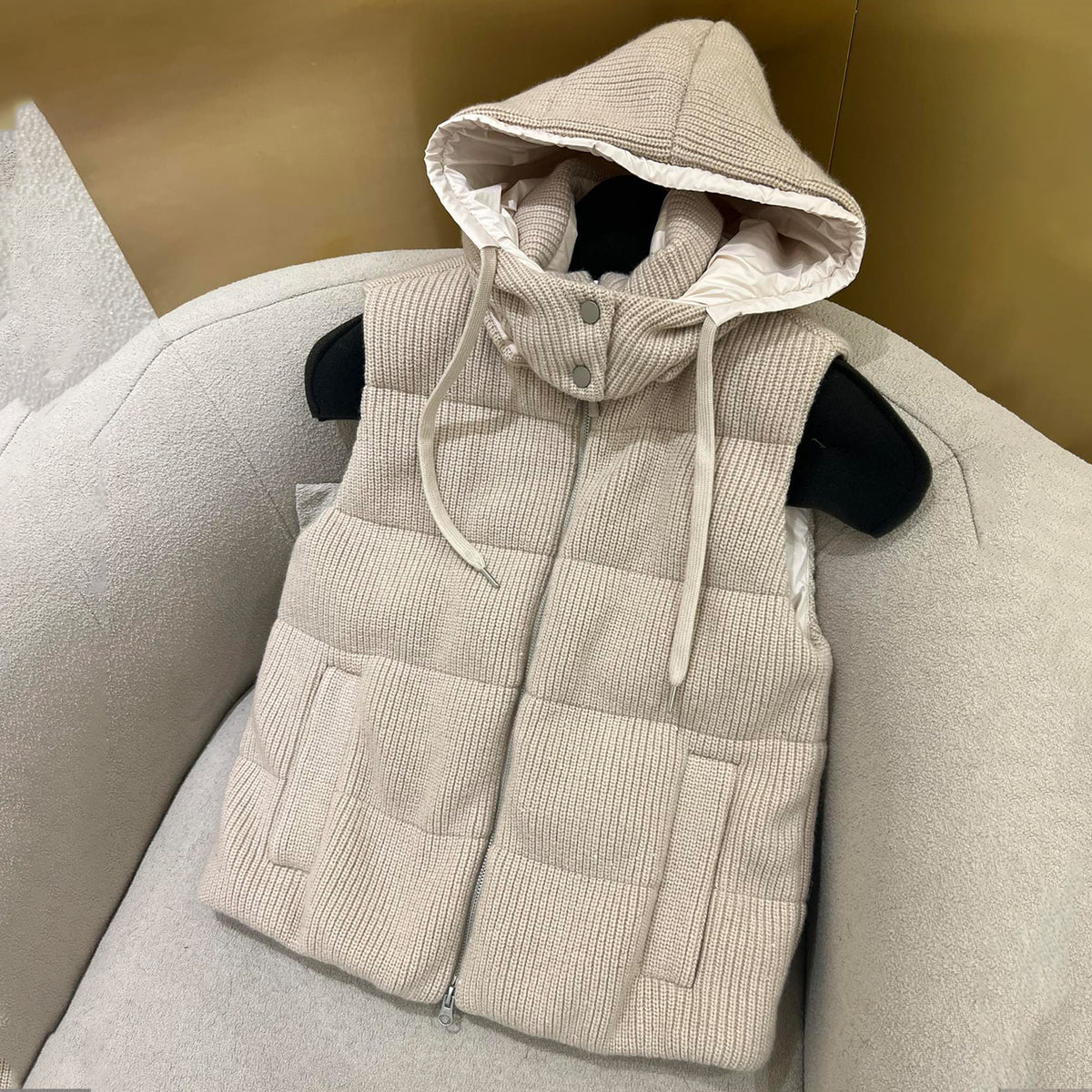 Brunello Cucinelli Women's Fall/winter Cotton British Ribbed Knit Down Vest Hooded Drawstring Sleeveless Jacket Ngvp #2417