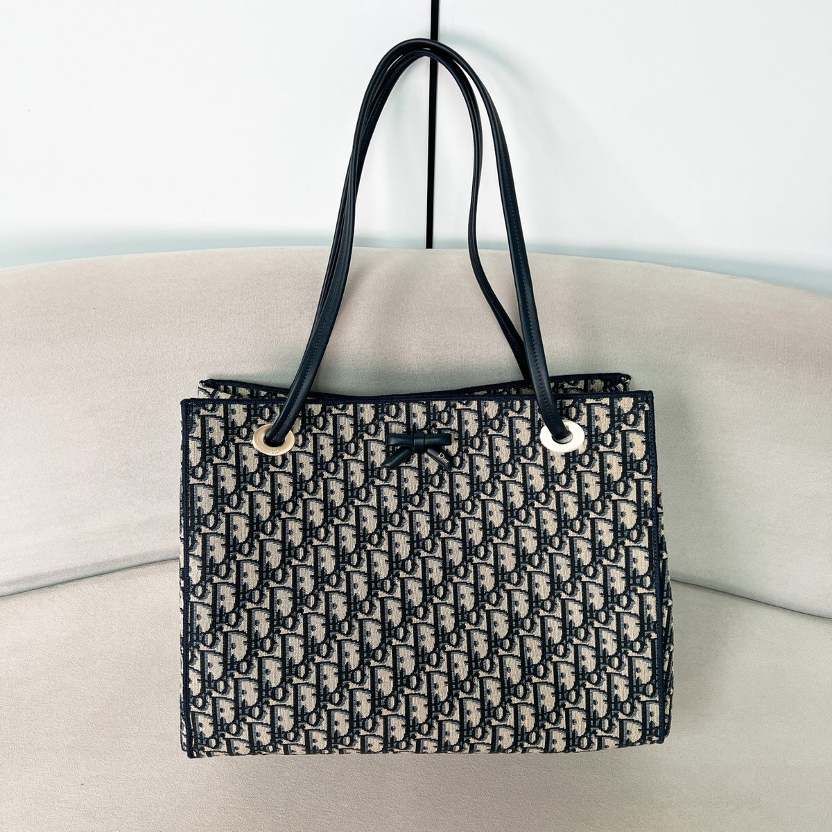 Dior Oblique Bow Medium Tote Bag Blue Canvas Calfskin #376637