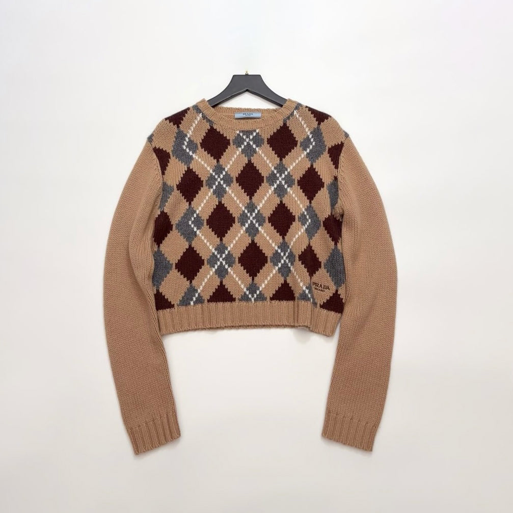 Prada Women's Spring/Fall Fashion Casual Crew Neck Diamond Pattern Cashmere Knit Sweater with Letter Embroidery Long Sleeve Pullover Top Sweater #78838