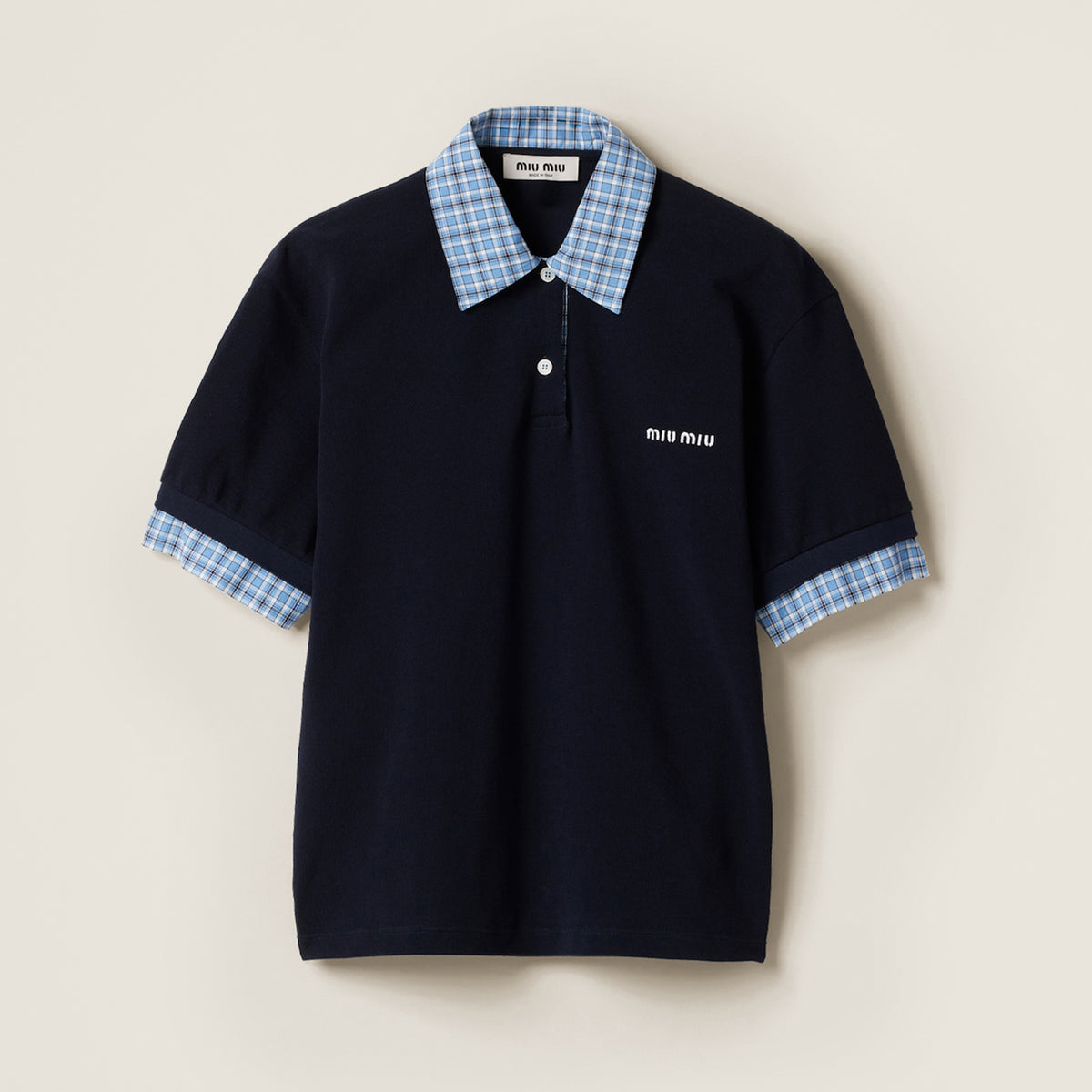 MiuMiu Women's Beaded Cotton Patchwork Plaid Polo Shirt Fashion Lapel Embroidered Letters Logo Casual Top #77285