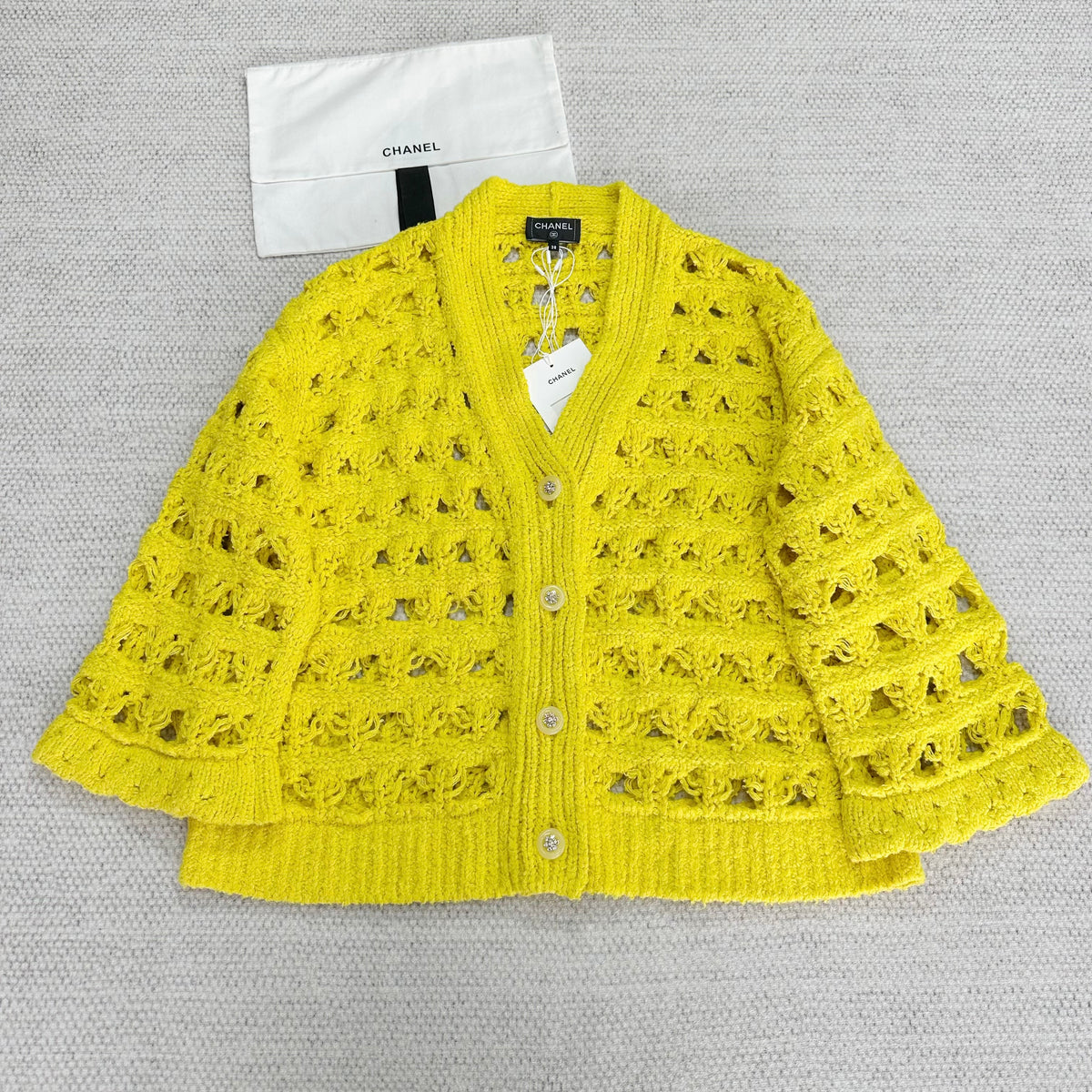 Chanel Women's Spring and Autumn Solid Color Skeleton Knit V-Neck Long Sleeve Jacket #75196