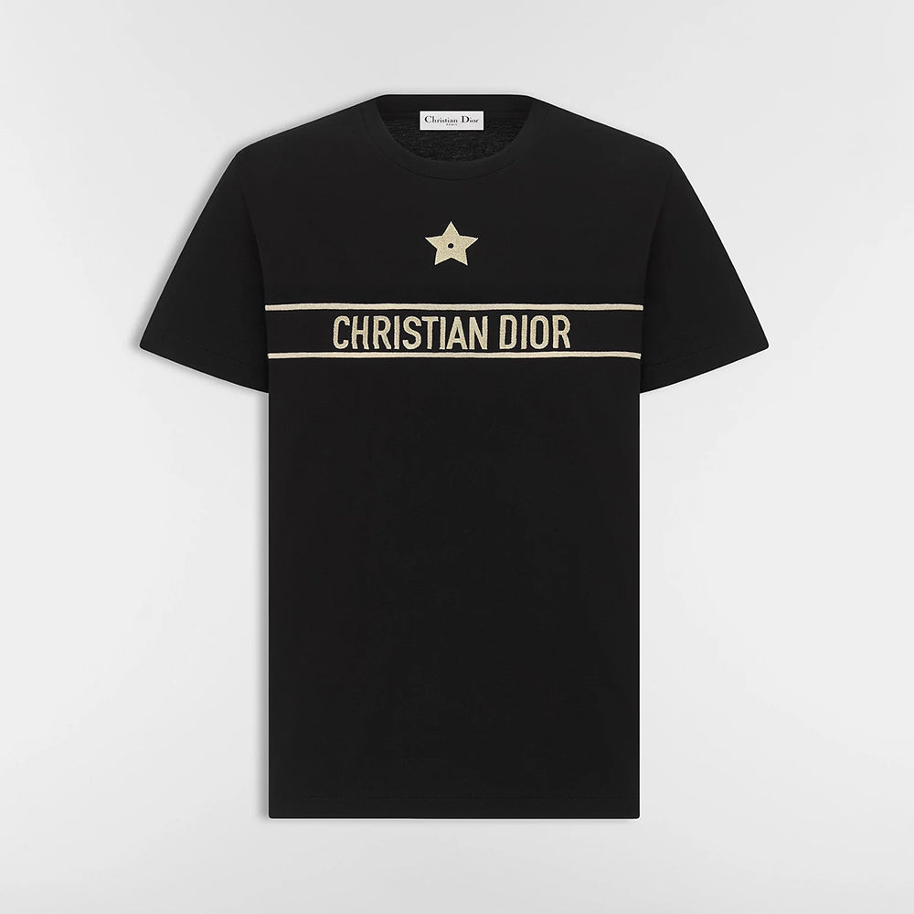 DIOR Embroidered T-Shirt Black and Gold-Tone Cotton Blend Jersey #336628