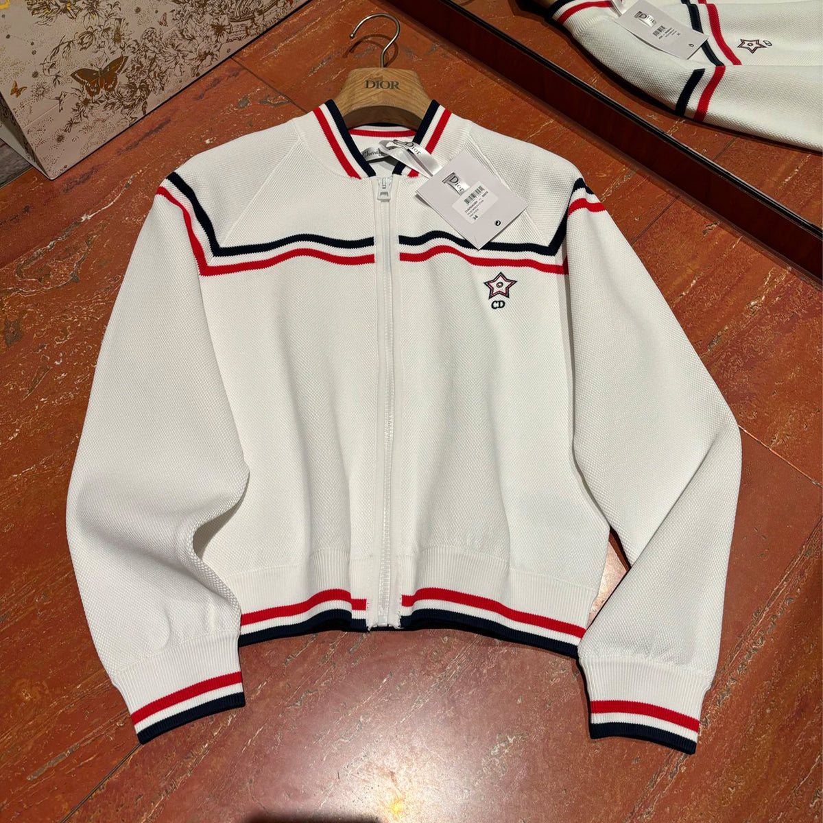 Dior Women's Spring Summer New Vibe Pilot Jacket White Zip Jacket Tricolour Strip Woven Embroidered Logo Pleated Half Skirt Set Suit #81259
