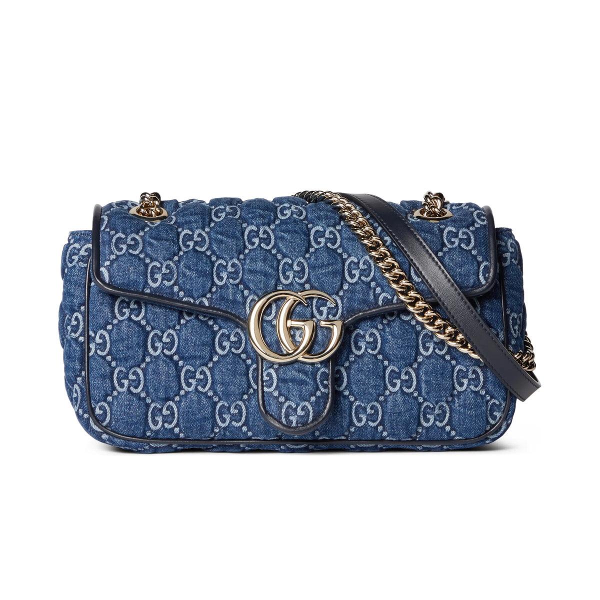 Gucci Marmont Women's Blue Double G Logo Sliding Chain Crystal Embroidered Denim Tote Shoulder Crossbody Bag Bags #99714
