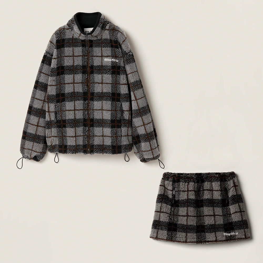 MIUMIU Gray Vintage Plaid Collar Wool Polar Fleece Jacket Short Skirt Set #332477