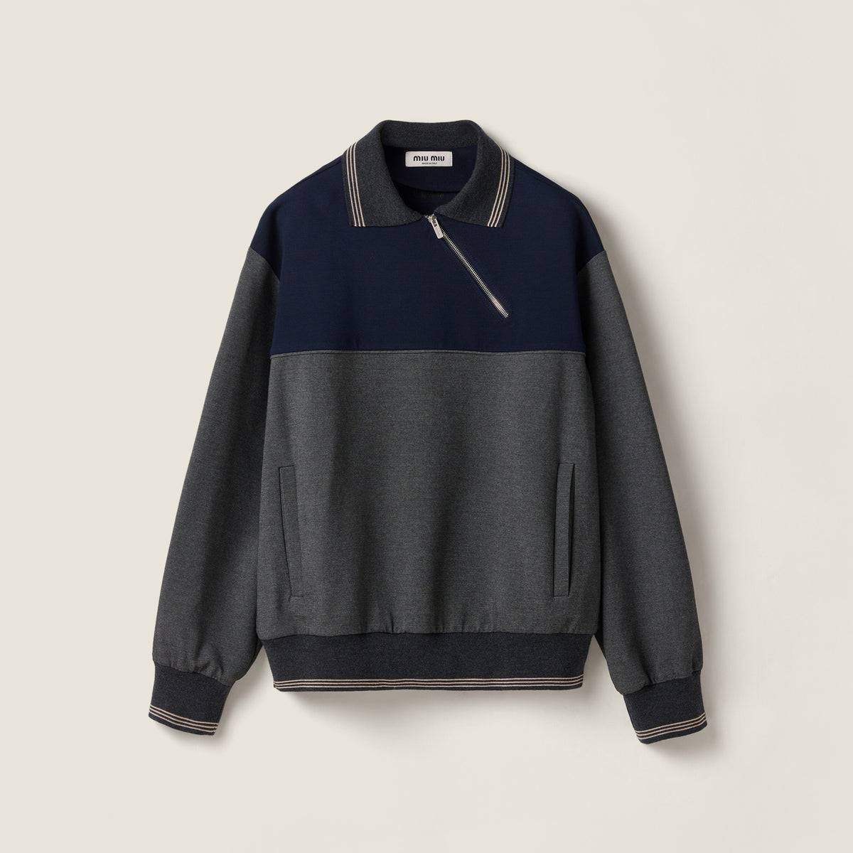 MiuMiu Women's Spring/Fall Casual Fashion Collared Pullover Diagonal Zipper Design Contrasting Color Long Sleeves Sweatshirt #79327