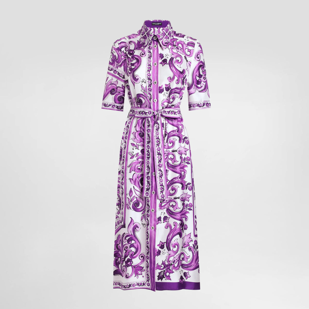 Dolce&Gabbana Women's Majolica Printed Silk Solid Color Summer Lapel Single-Breasted Tie Twill Shirt Dresses Ngvp #2317