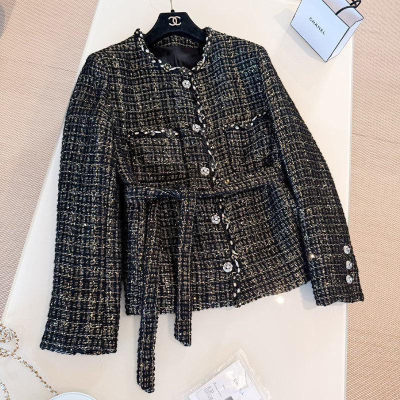 Chanel Women's Spring/Autumn Retro Black And Gold Rhinestone Flower Embroidery Shiny Twill Wool Blend Belted Long Sleeve Jacket Ngvp #2154