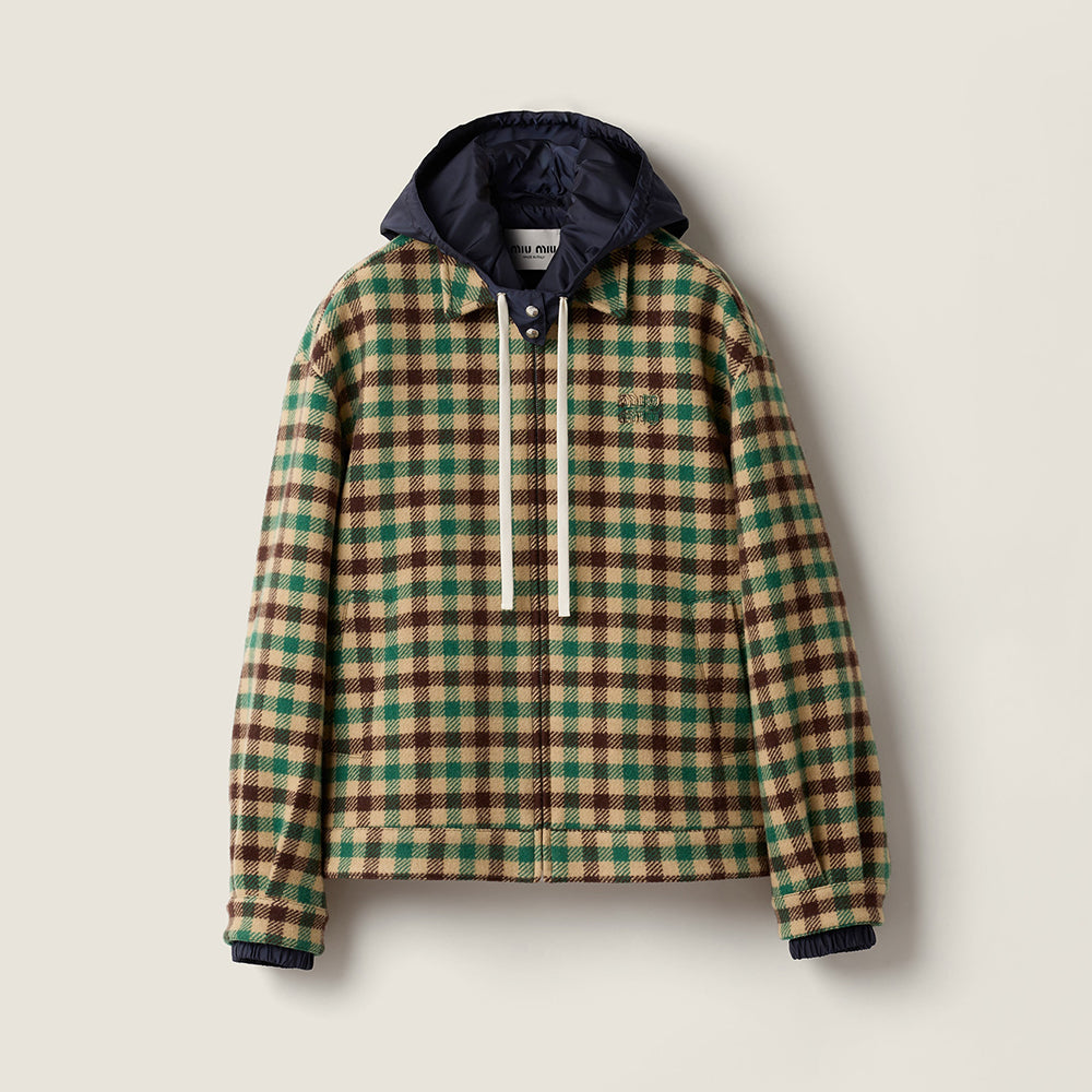 MiuMiu Women's Fall/Winter Lettering Eembroidered Logo Hood Zip Camel Green Navy Check and Technical Jacket #332611