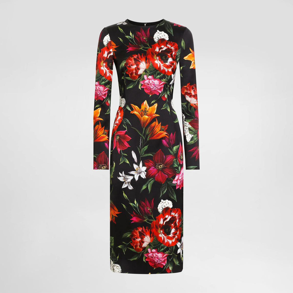 Dolce&Gabbana Women's Summer Floral Print Fitted Satin Long-Sleeve Crew Neck Dress Ngvp #2375