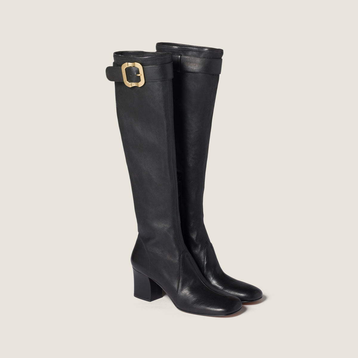 MiuMiu Women's Fall/Winter Fashion Classic Solid Color Leather Round Toe Sleeve Style Zipper Buckle Elastic Bare Leather Boots High Top Boots Shoes #79238