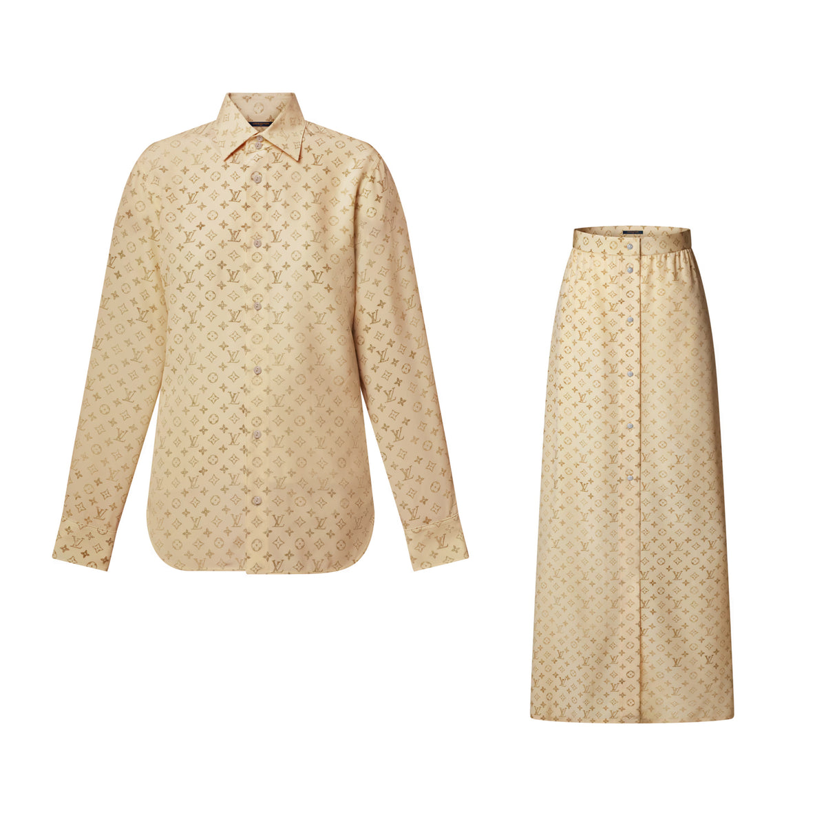 Louis Vuitton MONOGRAM Women's Spring/Fall Fashion Casual Collared Single Breasted Classic Printed Silk Long Sleeve Shirt Elastic Waist Single Breasted Silk All Over Print Long Skirt Skirt Suit Set #79412