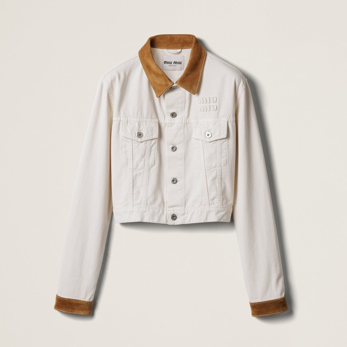 MiuMiu Women's Spring/Autumn Embroidered Letter Print Logo Print Suede Collar Single-Breasted Long-Sleeved Denim Jacket #77541