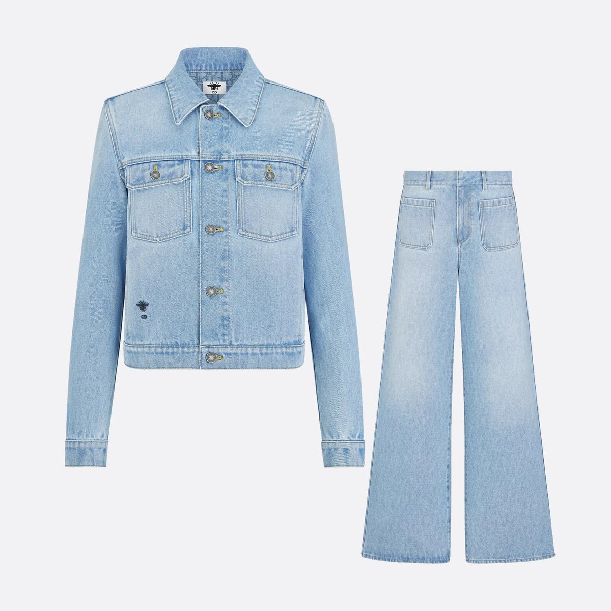 Dior Women's Spring/Autumn Solid Color Embroidered Bee Single-Breasted Long-Sleeved Denim Jacket and Flared Denim Pants Set Suit #77672