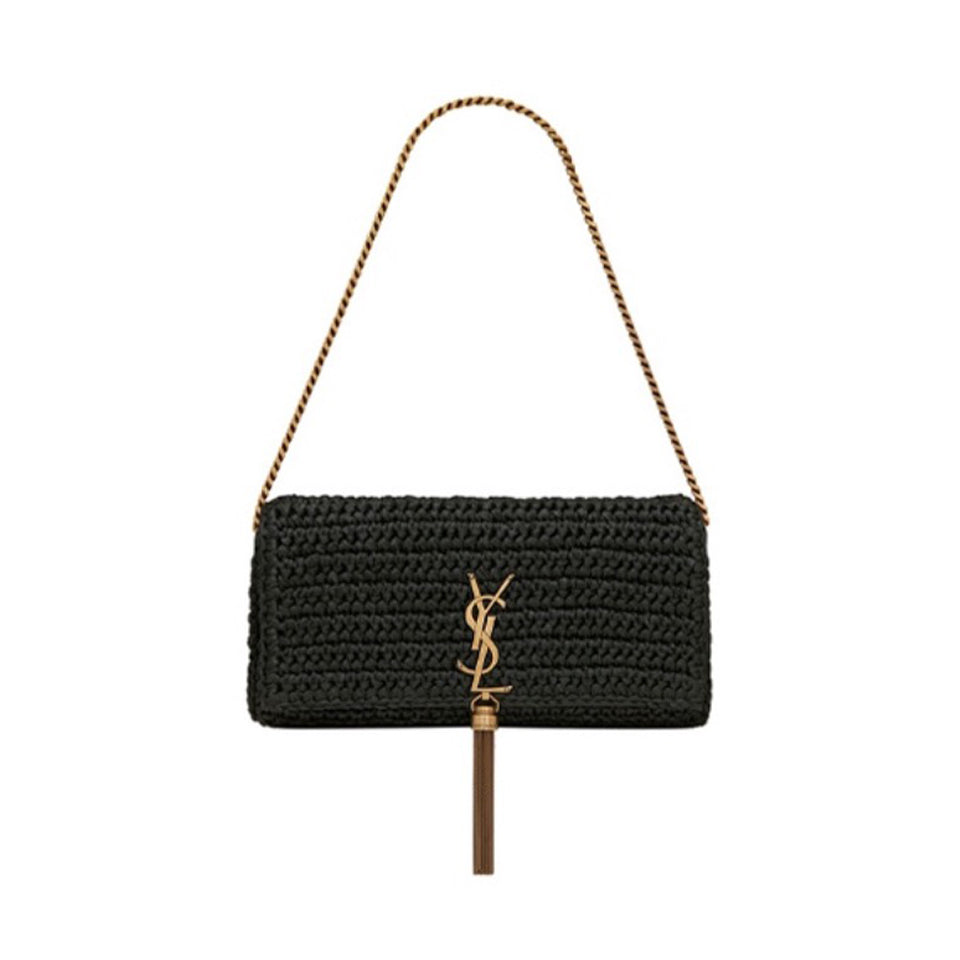 SAINT LAURENT Women's Fashion Gold Logo Tassel Raffia Grass Woven Underarm Bag Chain Casual Clutch Bag #71392
