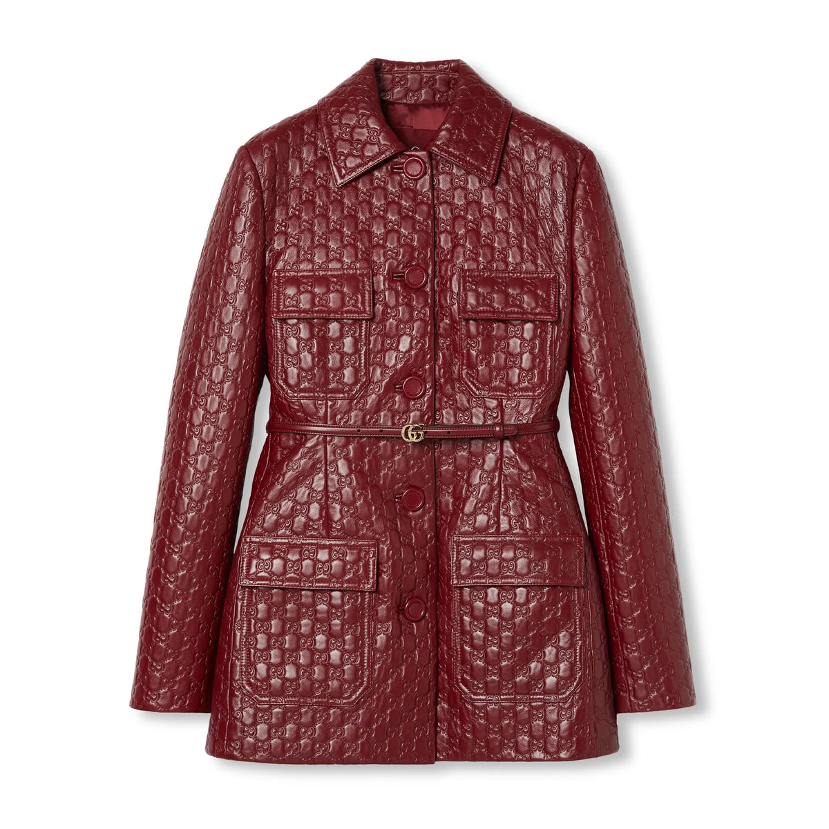 Gucci Women's Autumn and Winter Solid Color Lapel Embossed Printed Leather Mid-Length Belted Long Sleeve Jacket Coat #75168
