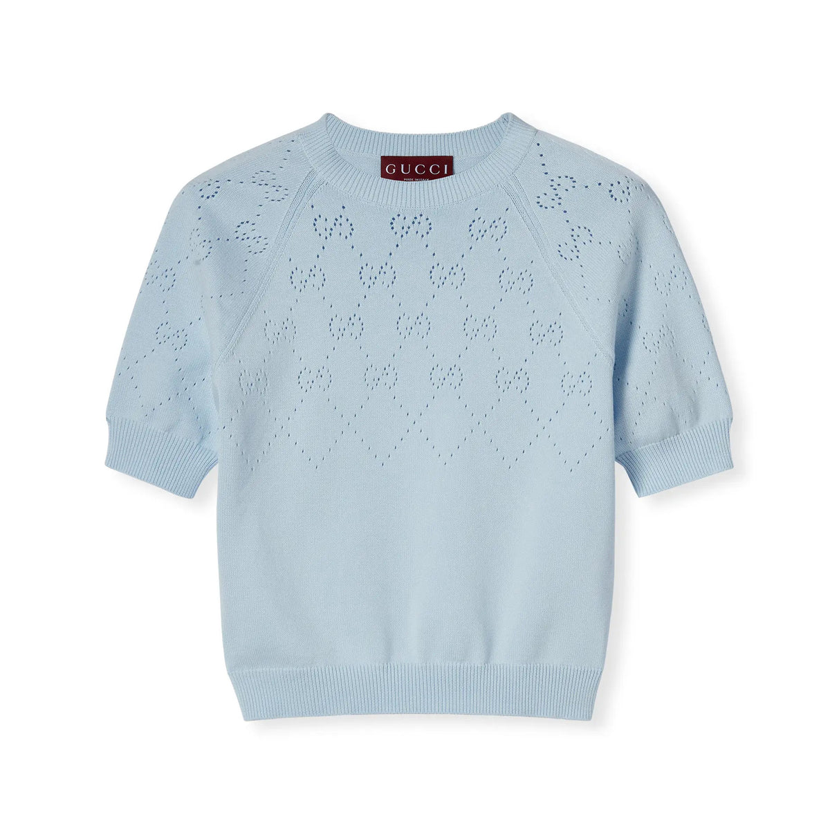 Gucci Women's Spring/Summer Solid Color Letter Print Openwork Design Cotton Round Neck Short Sleeve Knitted T-Shirt #77898