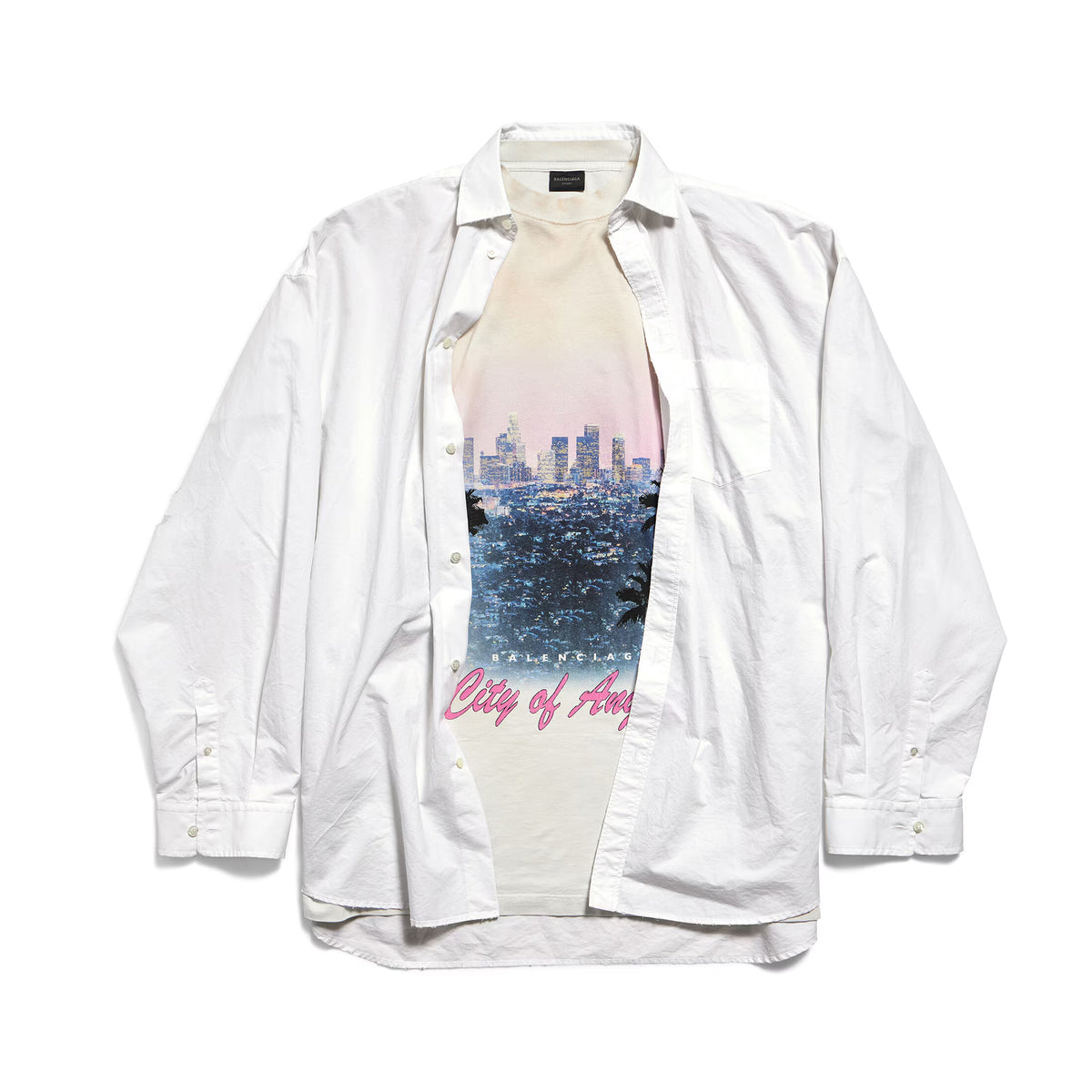 Balenciaga Men's Layered Shirt In White Spring And Fall High Street Trend Non-removable Two-piece Printed Graphic T-shirt Fashion Casual Shirt Ngvp #2422
