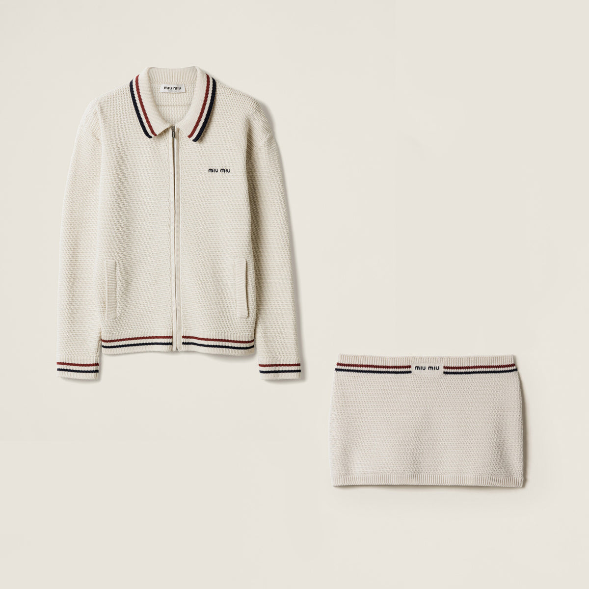 MiuMiu Women's Spring/Autumn Solid Color Cotton Knitted Zipper Cardigan Cotton Knitted Mini Skirt Set #77993