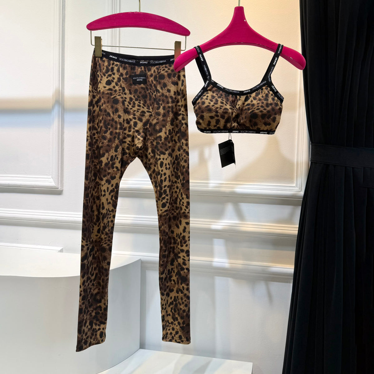 Dolce&Gabbana Women's Summer Leopard Print Adjustable Shoulder Strap Bra Slim High Waist Casual Pants Set Suit #75621