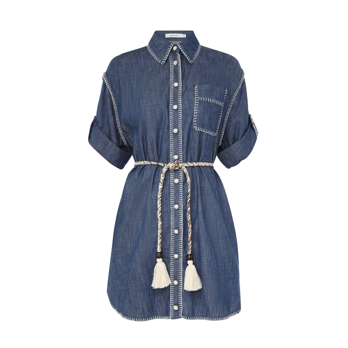Zimmermann Women's Spring Summer Solid Colour Tassel Belt Denim Single Breasted Short Sleeve Dresses #76731
