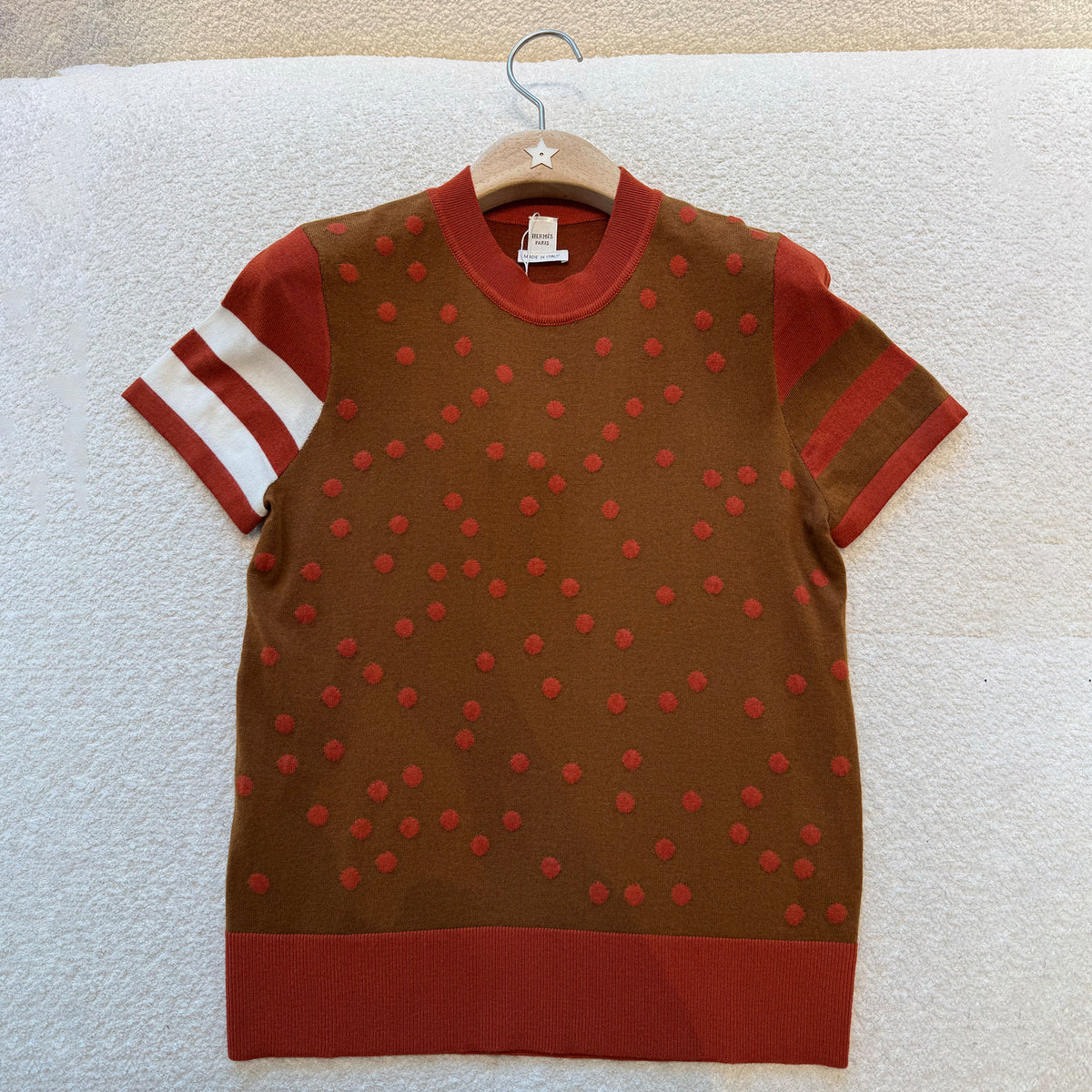 Hermes Women's Spring And Summer Cashmere Knitted T-shirt Round Neck Short-sleeved Color Collision Striped Polka Dot Short Knitted Sweater Bottoming Sweater Ngvp #2473