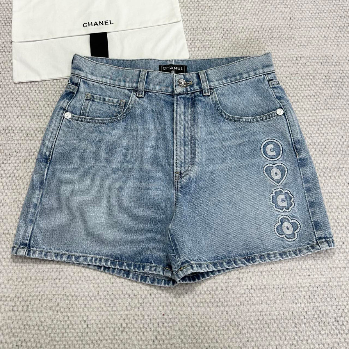 Chanel Women's Summer CoCo Beach Embroidered Cotton Solid Color Denim Shorts Ngvp #1698
