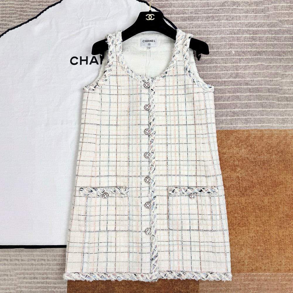 Chanel 25SS White Plaid Tweed Vest Dress #333127