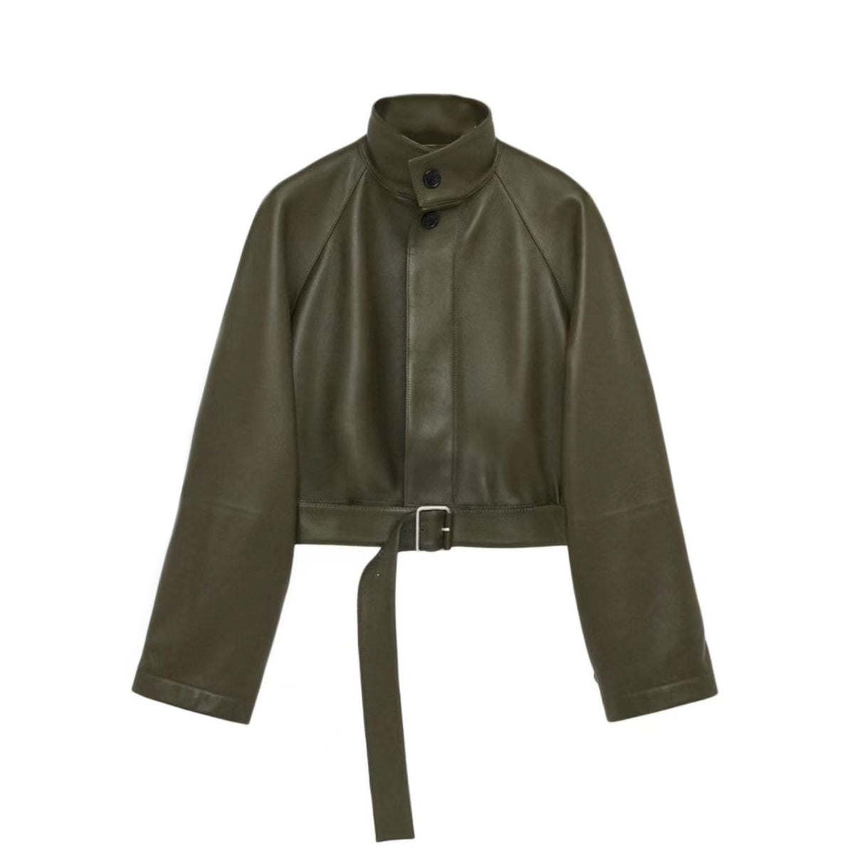 Loewe Women's Spring/Autumn Solid Color Classic Fashion High Neck Belted Waist Long Sleeve Short Sheepskin Leather Jacket #78159