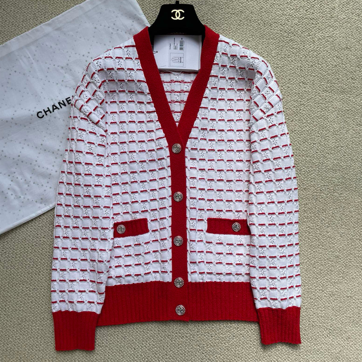 Chanel Women's Fall And Winter Red Striped V-neck Single-breasted Knitted Cardigan Elegant And Exquisite Fashion Casual Knitted Cardigan Jacket Ngvp #2646