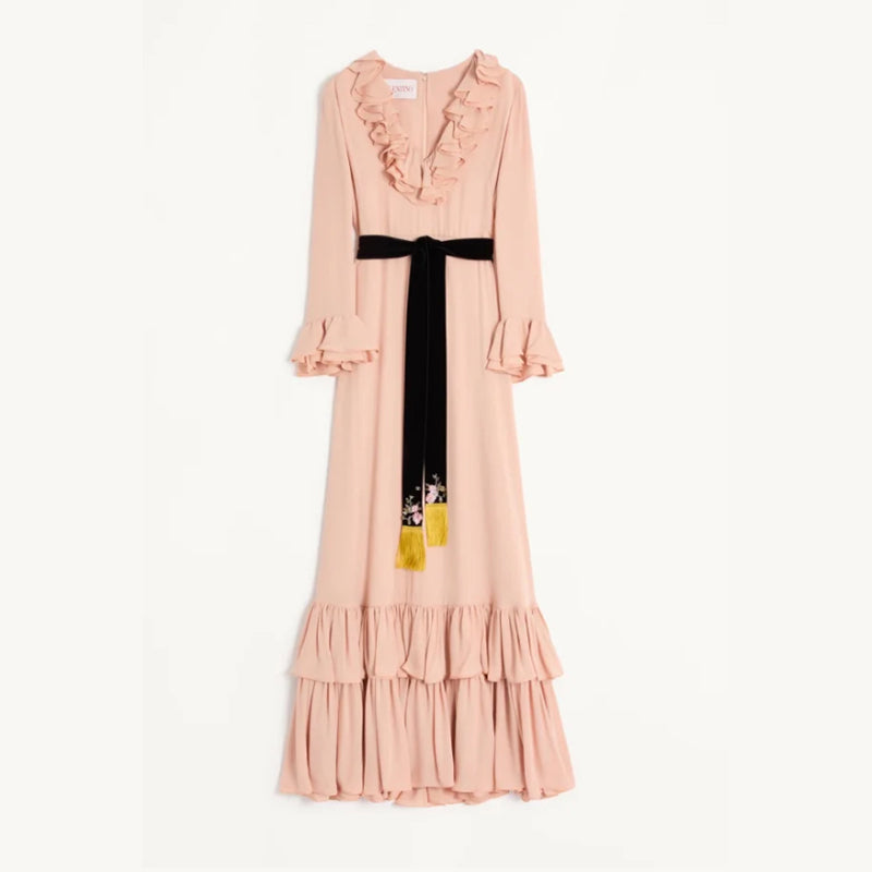 Valentino Women's Spring And Autumn Tassel Belt V-Neck Pleated Side Long Silk Solid Color Dresses Ngvp #1252