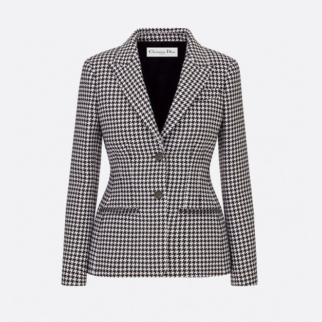 Dior Women's Stylish Classic V-Neck Single-Breasted Houndstooth Wool Blazer Jacket #78675