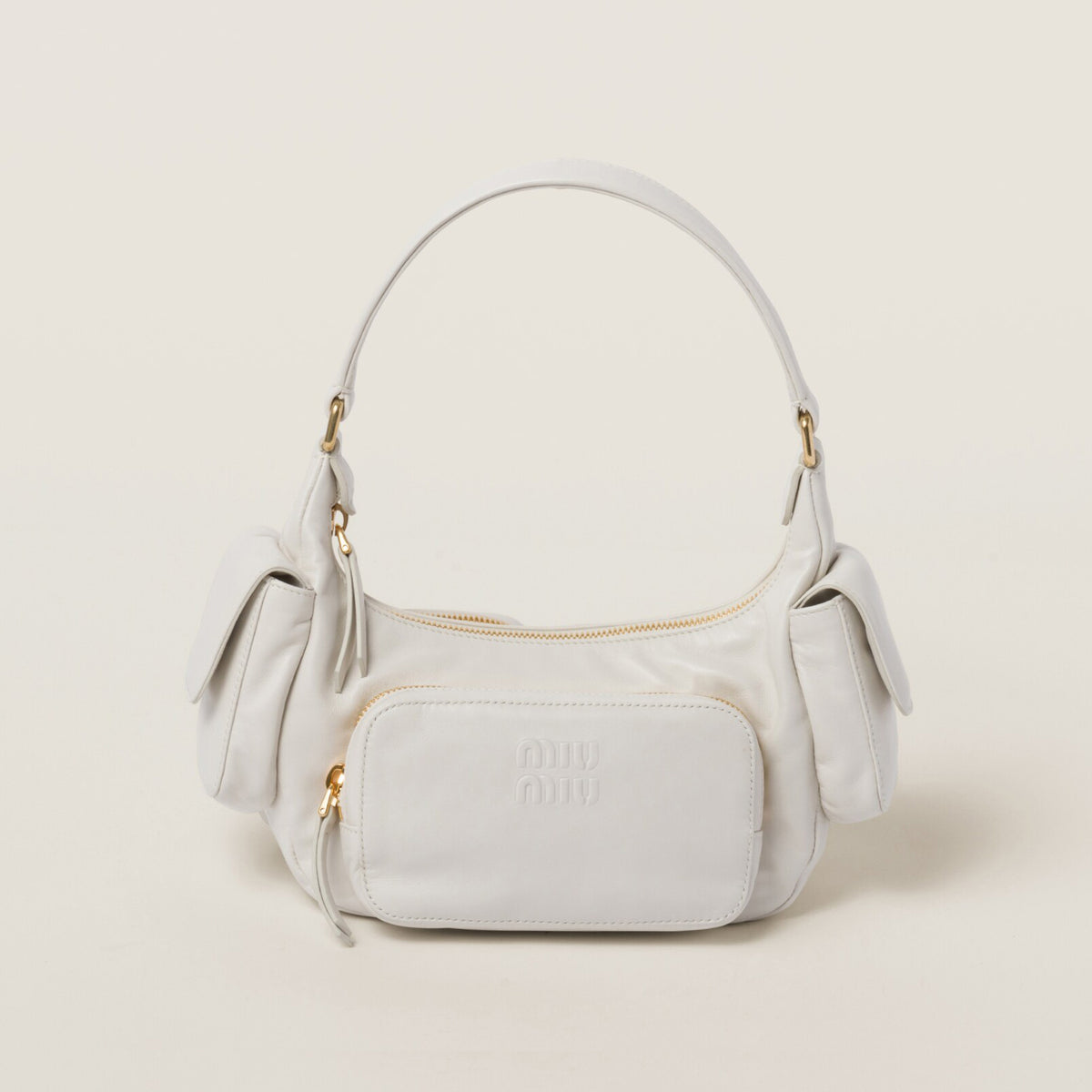 MiuMiu Women's Embossed Engraved Logo Zipper Closure Solid Color Soft Leather Biker Bag Armpit Bags Shoulder Handbag #74852