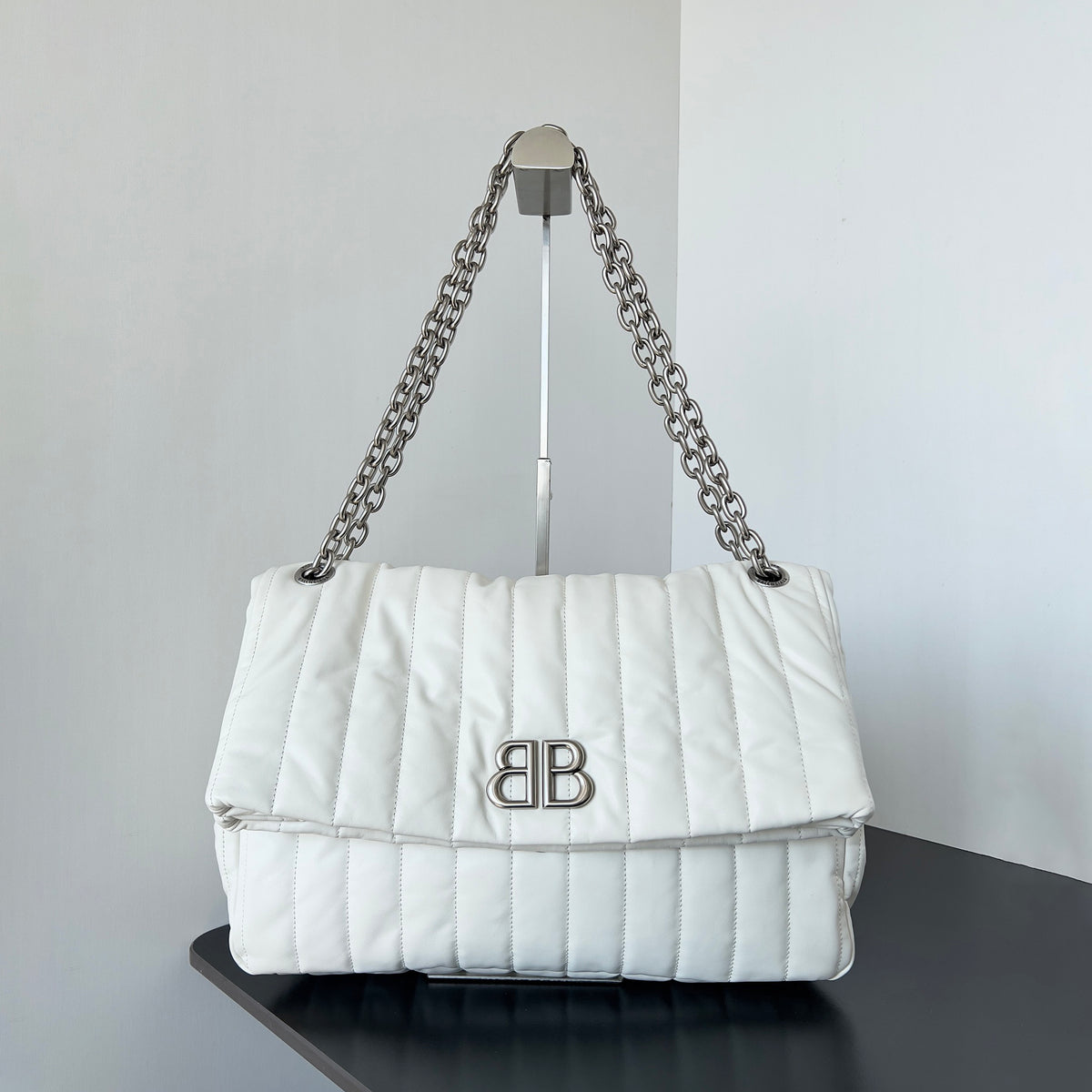 Balenciaga MONACO Women's Aged Silver BB Logo Flap Closure Quilted Solid Color Calfskin Tote Shoulder Bag Bags #74775