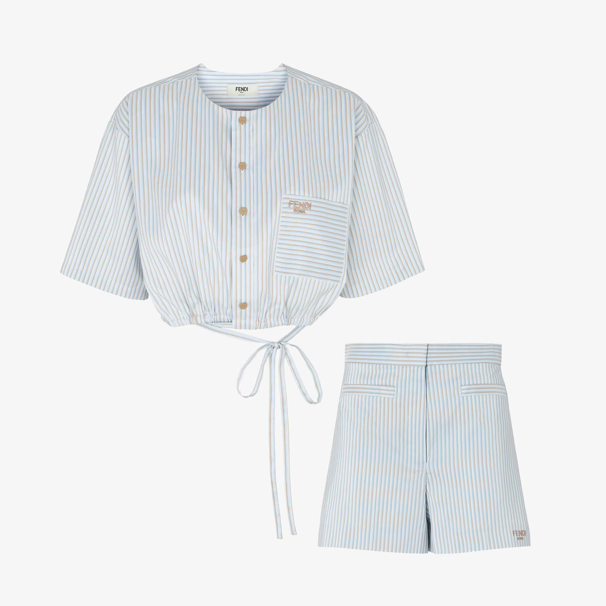 Fendi Women's Summer Solid Color Striped Printed Hem Tie-up Round Neck Single-breasted Short-sleeved Top And Casual Shorts Set Suit #77357