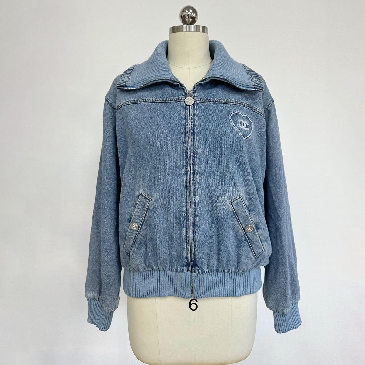 Chanel Women's Spring/Autumn Solid Color Waist-cinching Embroidered Logo Print Zipper Denim Jacket #77863