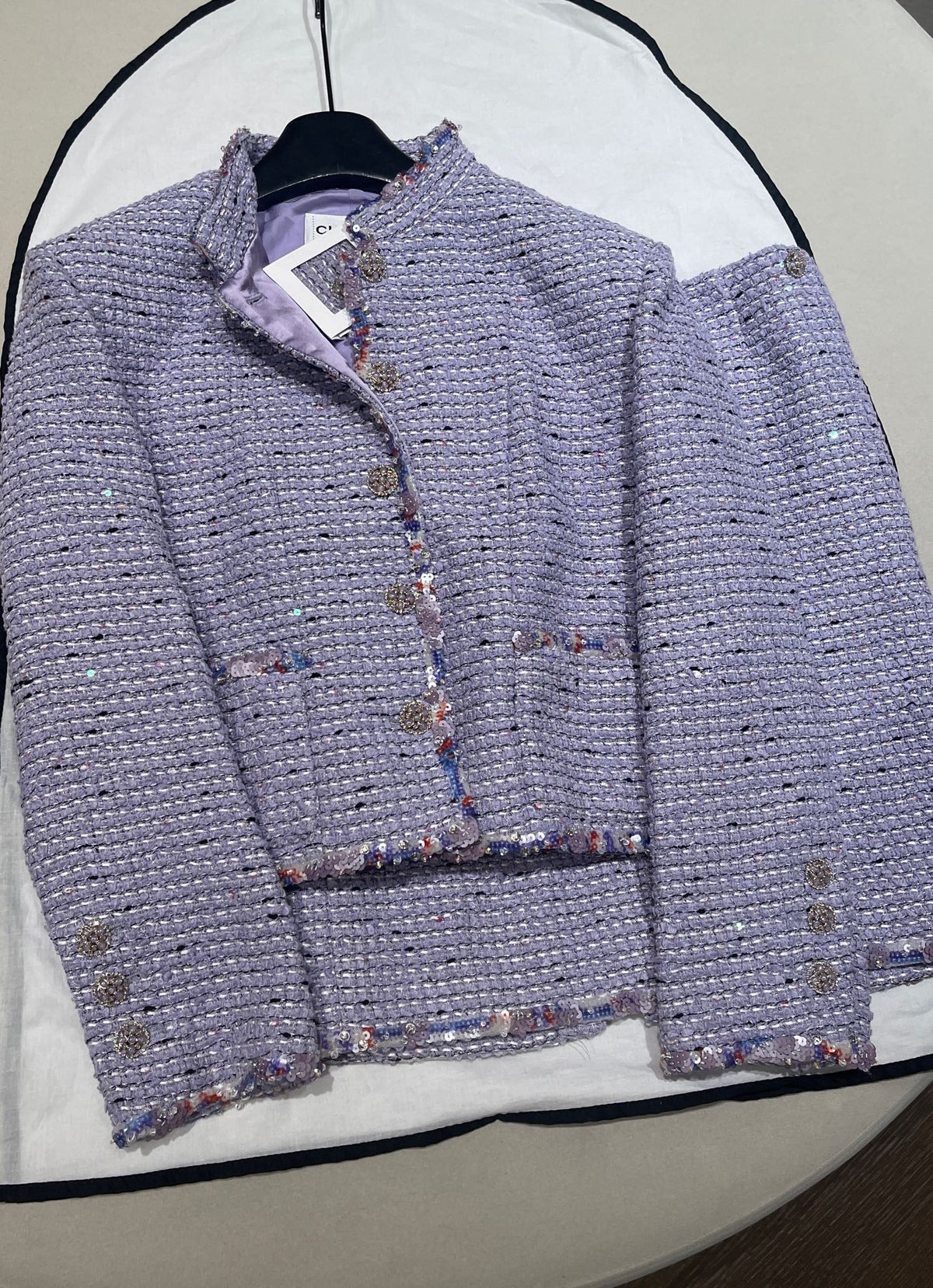 Chanel Jacket Skirt Cotton Tweed Sequins Lilac #376154