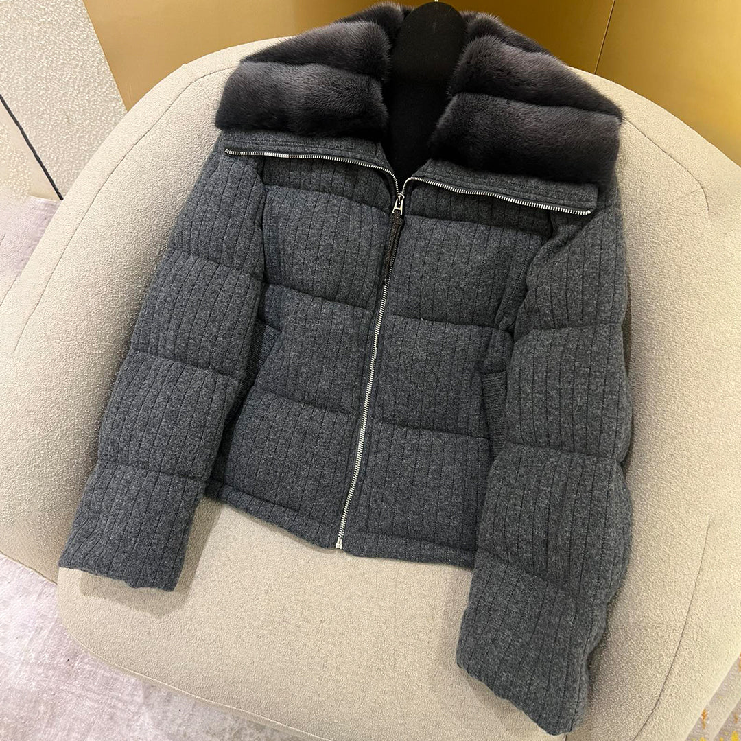 Brunello Cucinelli Women's Fall/Winter Fashion Mink Cashmere Knit Down Jacket Solid Color Zipper Collar Long Sleeve Coat Ngvp #2527