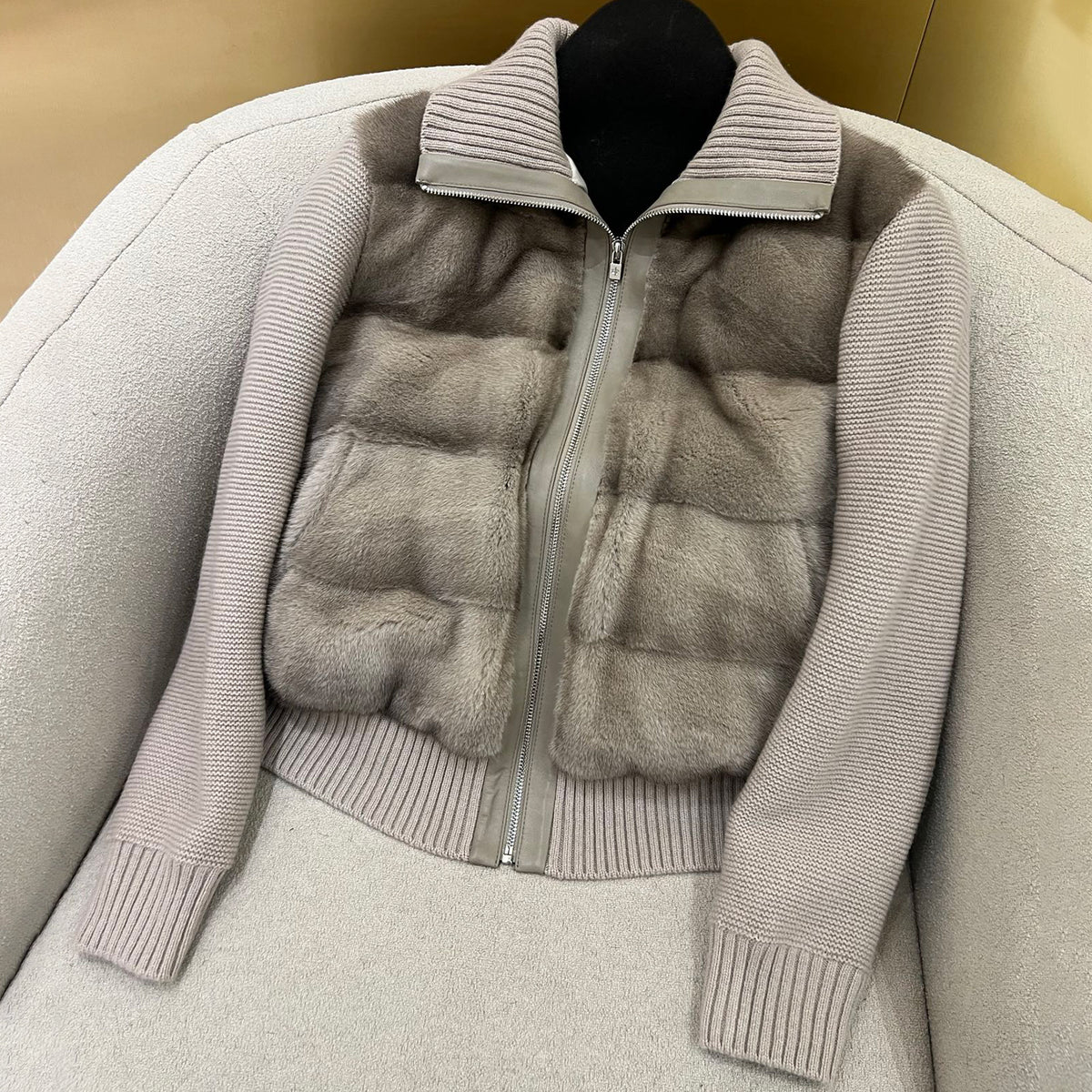 Loro Piana Women's Fall/Winter Mink-Collar Cashmere Solid-Color Zipper Long-Sleeve Knit Puffer Down Jacket #81738