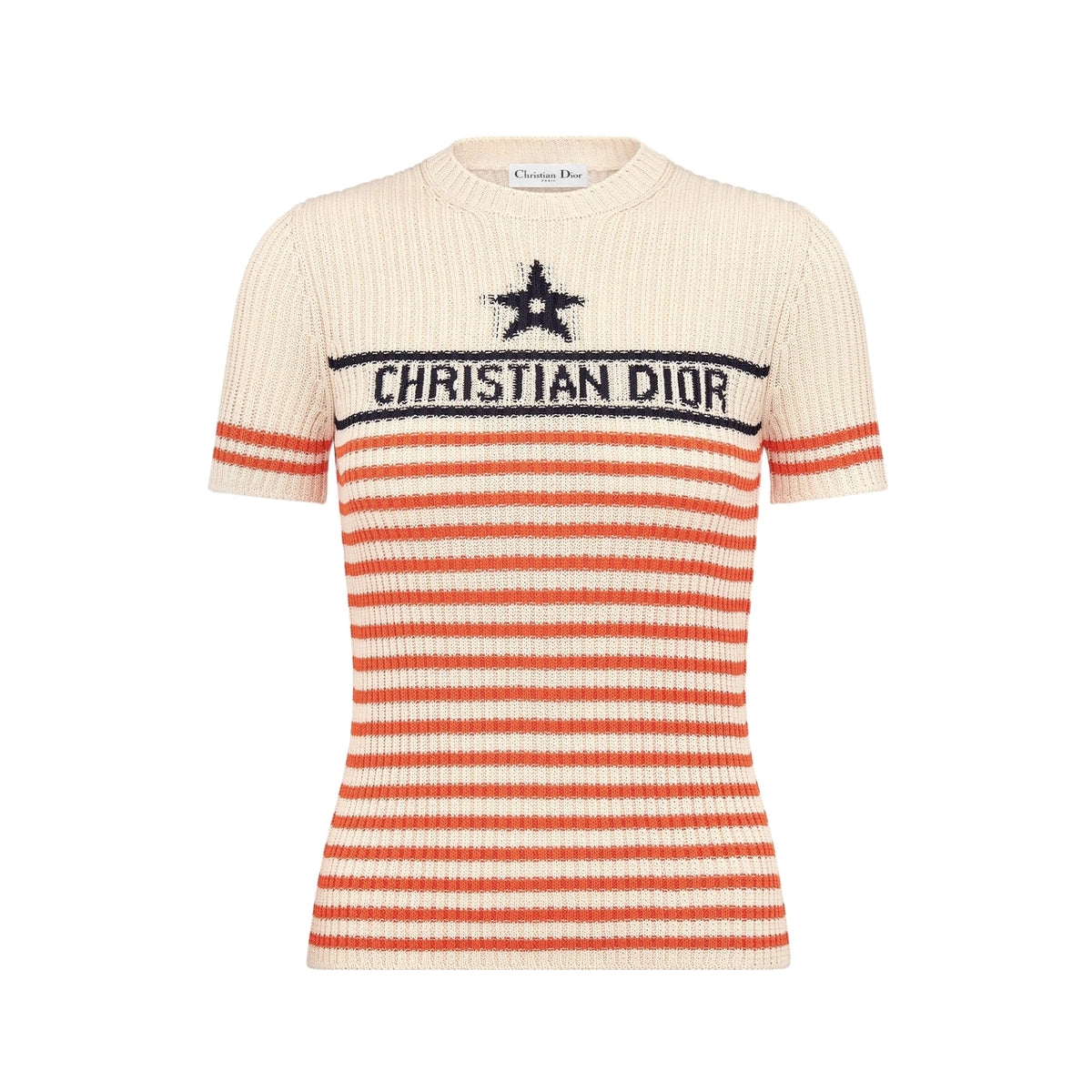 DIOR Women's Summer Striped Appliqu¨¦d Letters Knit Round Neck Short Sleeve T-shirt #77133