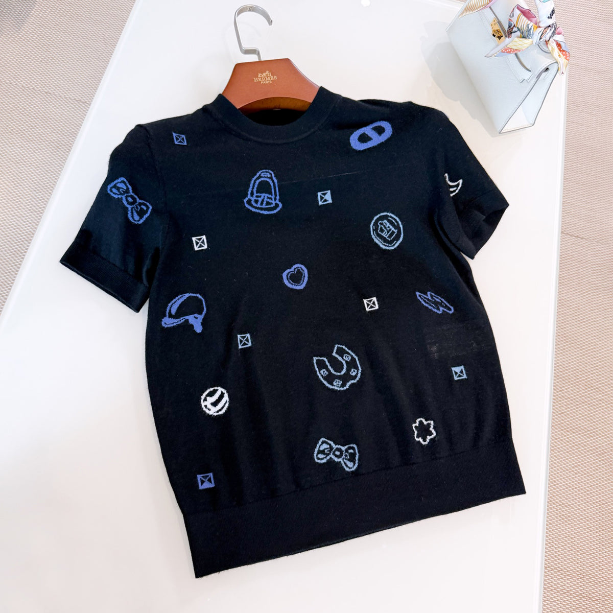 Hermes Women's Floral Jacquard Colorful Summer Round Neck Stretch Knitted Wool Blend Short Sleeve Top Sweater Ngvp #2135