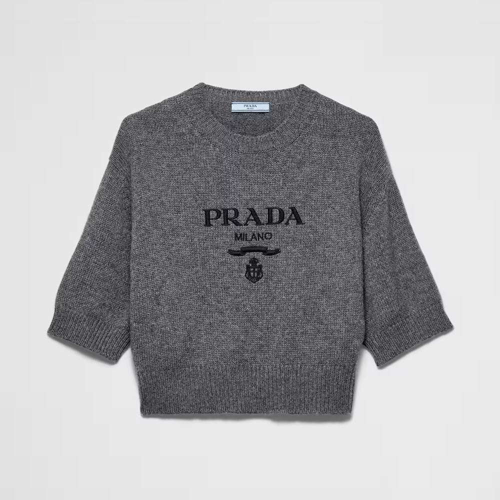 Prada Women's Summer Solid Color Logo Print Round Neck Wool Knit Short Sleeve Sweater T-Shirt #75581