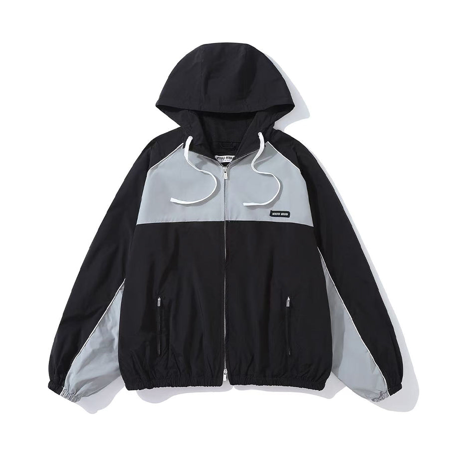 MiuMiu Women's Spring/Summer Striped Color-Block Logo Zipper Hooded Oversized Short Jacket #81594