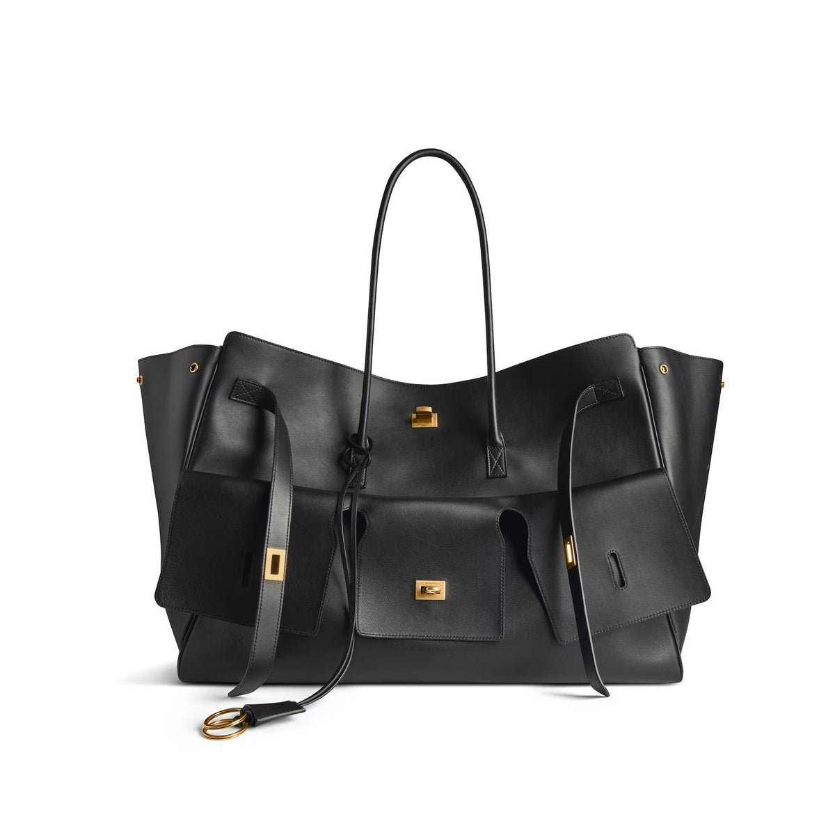 Balenciaga Women's BEL AIR Black Handbag Casual Cowhide Tote Gold and Silver Buckle Shopper Bags Bag 8054802ABAV1000 Ngvp # 9558