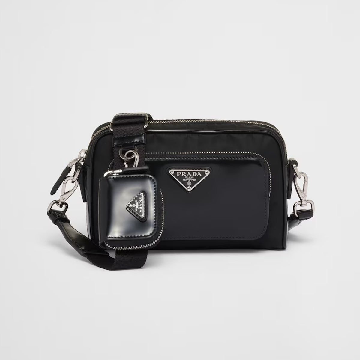 Prada Men's Black Metal Logo Zipper Closure Re-Nylon and Shiny Leather Casual Shoulder Bag #71391
